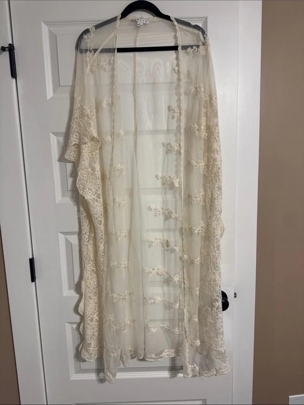 Sheer Lace Embroidered Kimono - Cream